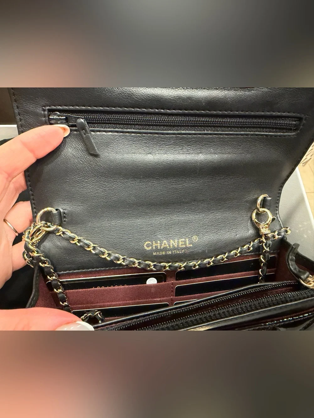 CHANEL Black Patent Crossbody Wallet On Chain Flap Bag with Gold Hardware